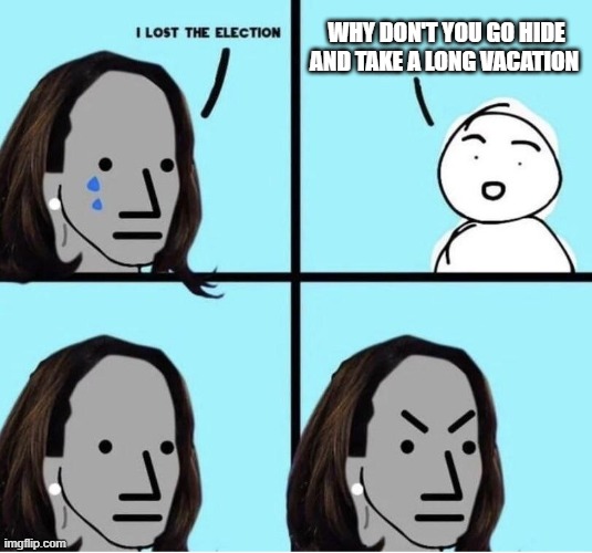 Kamala npc | WHY DON'T YOU GO HIDE AND TAKE A LONG VACATION | image tagged in npc kamala,kamala | made w/ Imgflip meme maker