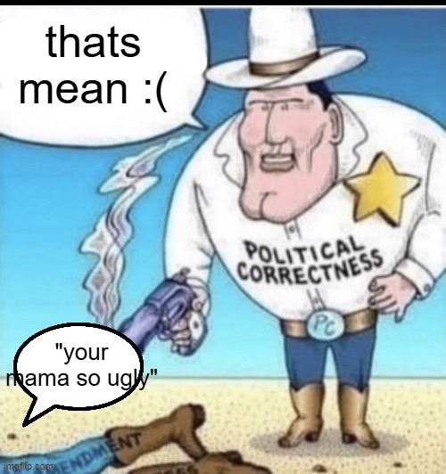 shit | thats mean :(; "your mama so ugly" | image tagged in political correctness shooting a guy | made w/ Imgflip meme maker