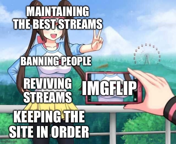 Pokemon Rosa | MAINTAINING THE BEST STREAMS BANNING PEOPLE REVIVING STREAMS KEEPING THE SITE IN ORDER IMGFLIP | image tagged in pokemon rosa | made w/ Imgflip meme maker