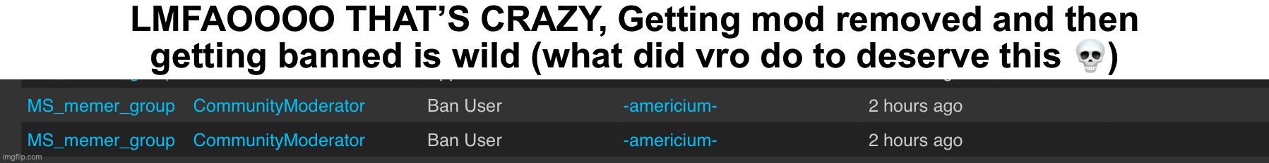 The mod logs are funny to look at | LMFAOOOO THAT’S CRAZY, Getting mod removed and then getting banned is wild (what did vro do to deserve this 💀) | made w/ Imgflip meme maker