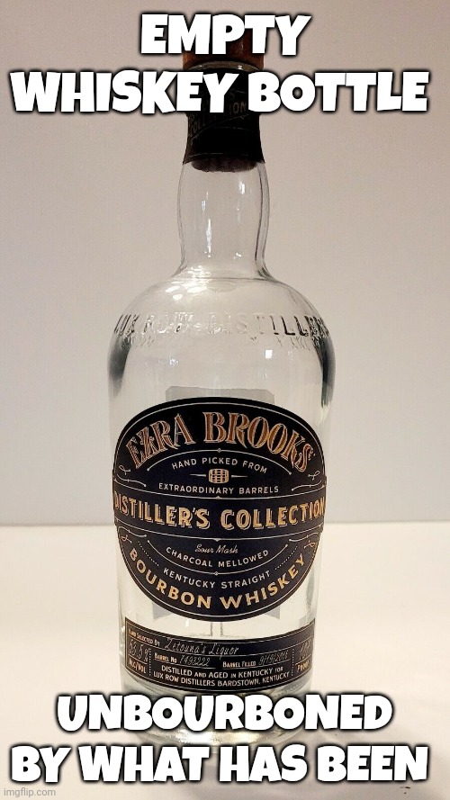 political meme | EMPTY WHISKEY BOTTLE; UNBOURBONED BY WHAT HAS BEEN | image tagged in whiskey | made w/ Imgflip meme maker
