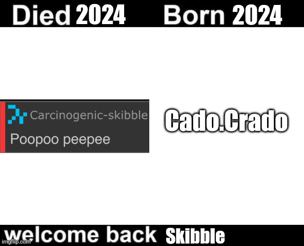 . | 2024; 2024; Cado.Crado; Skibble | image tagged in died in born in | made w/ Imgflip meme maker