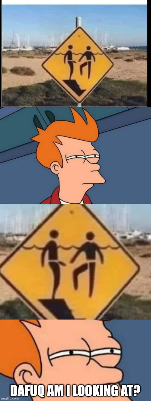 WHAT DOES THAT SIGN MEAN? | DAFUQ AM I LOOKING AT? | image tagged in memes,futurama fry,stupid signs,swimming | made w/ Imgflip meme maker