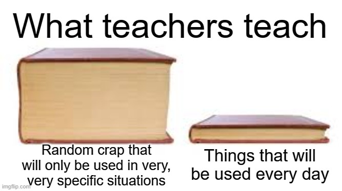 Big book small book | What teachers teach; Random crap that will only be used in very, very specific situations; Things that will be used every day | image tagged in big book small book | made w/ Imgflip meme maker