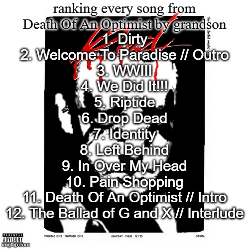Whole Lotta Optimists | ranking every song from Death Of An Optimist by grandson; 1. Dirty
2. Welcome To Paradise // Outro
3. WWIII
4. We Did It!!!
5. Riptide
6. Drop Dead
7. Identity
8. Left Behind
9. In Over My Head
10. Pain Shopping
11. Death Of An Optimist // Intro
12. The Ballad of G and X // Interlude | image tagged in whole lotta optimists | made w/ Imgflip meme maker