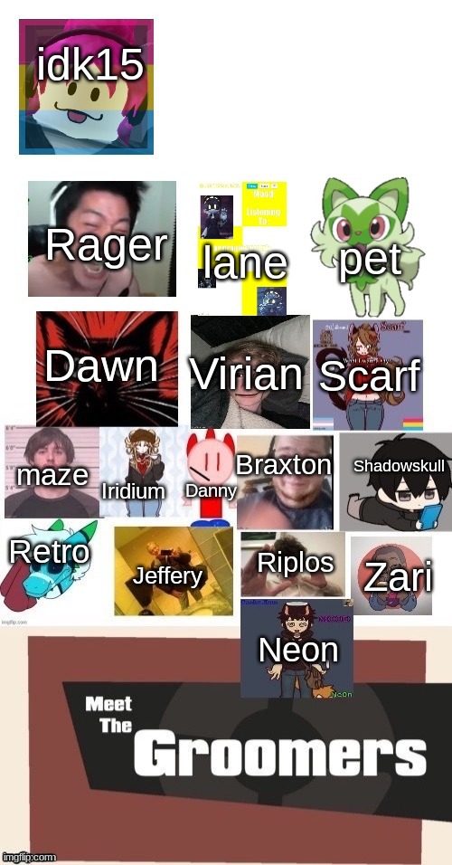 here are all of the names for the ppl who don't know them | idk15; lane; Rager; pet; Dawn; Virian; Scarf; Shadowskull; maze; Braxton; Riplos; Iridium; Danny; Jeffery; Retro; Zari; Neon | made w/ Imgflip meme maker