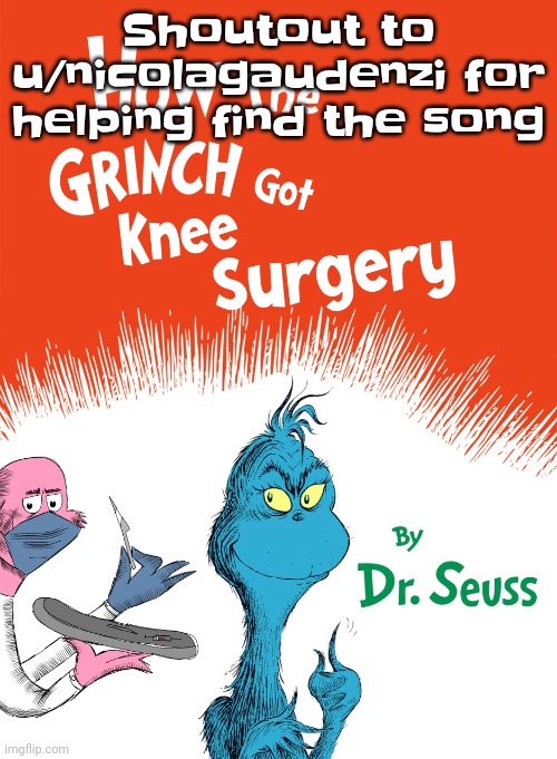 u/nicolagaudenzi gets a shoutout. Thx bro! | Shoutout to u/nicolagaudenzi for helping find the song | image tagged in knee surgery book | made w/ Imgflip meme maker