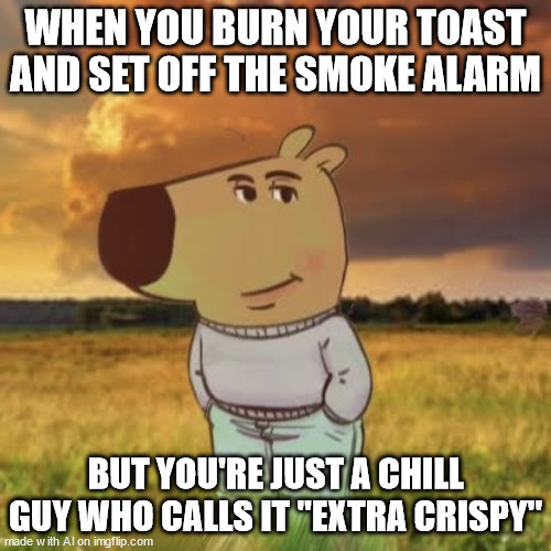 Chill guy | WHEN YOU BURN YOUR TOAST AND SET OFF THE SMOKE ALARM; BUT YOU'RE JUST A CHILL GUY WHO CALLS IT "EXTRA CRISPY" | image tagged in chill guy | made w/ Imgflip meme maker