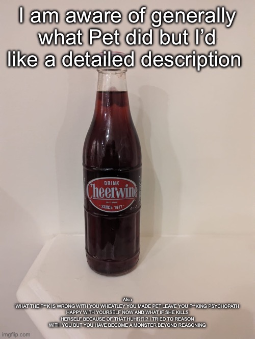 Cheerwine | I am aware of generally what Pet did but I’d like a detailed description; Also
WHAT THE F**K IS WRONG WITH YOU WHEATLEY YOU MADE PET LEAVE YOU F**KING PSYCHOPATH HAPPY WITH YOURSELF NOW AND WHAT IF SHE KILLS HERSELF BECAUSE OF THAT HUH!?!?!? I TRIED TO REASON WITH YOU BUT YOU HAVE BECOME A MONSTER BEYOND REASONING | image tagged in cheerwine | made w/ Imgflip meme maker