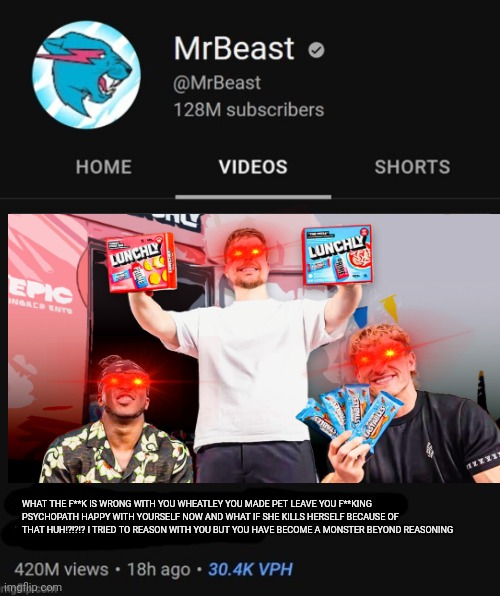 MrBeast has joined | WHAT THE F**K IS WRONG WITH YOU WHEATLEY YOU MADE PET LEAVE YOU F**KING PSYCHOPATH HAPPY WITH YOURSELF NOW AND WHAT IF SHE KILLS HERSELF BECAUSE OF THAT HUH!?!?!? I TRIED TO REASON WITH YOU BUT YOU HAVE BECOME A MONSTER BEYOND REASONING | image tagged in mrbeast thumbnail template | made w/ Imgflip meme maker