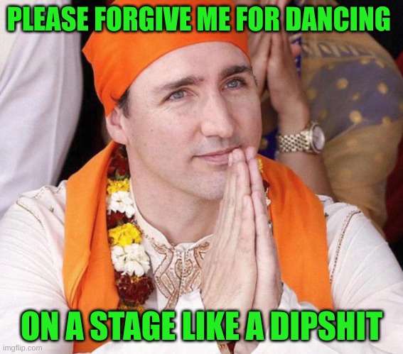 PM of Canada Justin Trudeau  | PLEASE FORGIVE ME FOR DANCING ON A STAGE LIKE A DIPSHIT | image tagged in pm of canada justin trudeau | made w/ Imgflip meme maker