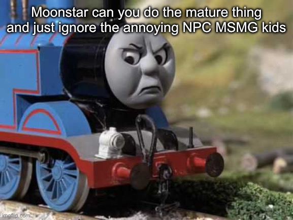 Angry Thomas | Moonstar can you do the mature thing and just ignore the annoying NPC MSMG kids | image tagged in angry thomas | made w/ Imgflip meme maker