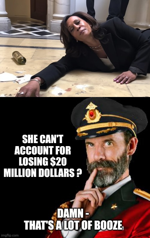 Time for an post-binge audit | SHE CAN'T ACCOUNT FOR LOSING $20 MILLION DOLLARS ? DAMN -
THAT'S A LOT OF BOOZE | image tagged in captain obvious,leftists,liberals,hawaii | made w/ Imgflip meme maker