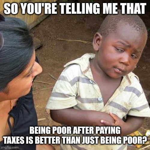 Rich people delusion | SO YOU'RE TELLING ME THAT; BEING POOR AFTER PAYING TAXES IS BETTER THAN JUST BEING POOR? | image tagged in memes,third world skeptical kid | made w/ Imgflip meme maker