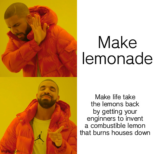 When life gives you lemons... | Make lemonade; Make life take the lemons back by getting your enginners to invent a combustible lemon that burns houses down | image tagged in memes,drake hotline bling,when life gives you lemons,portal 2,gaming | made w/ Imgflip meme maker