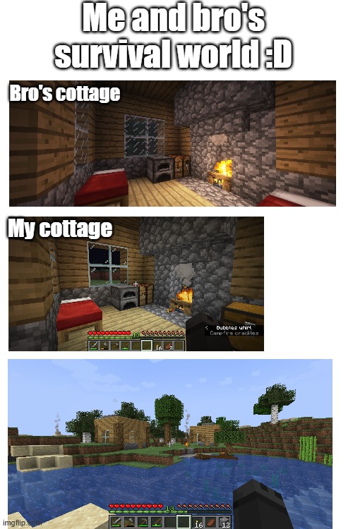 Please don't remove, I just wanted to show our server :) | Me and bro's survival world :D; Bro's cottage; My cottage | image tagged in minecraft,building | made w/ Imgflip meme maker