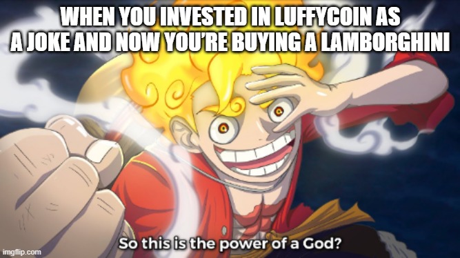 Luffy Coin out soon | WHEN YOU INVESTED IN LUFFYCOIN AS A JOKE AND NOW YOU’RE BUYING A LAMBORGHINI | image tagged in so this is the power of a god | made w/ Imgflip meme maker