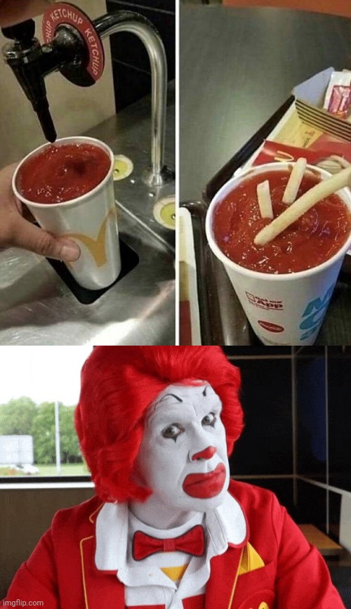 Tons of ketchup and few fries | image tagged in ronald mcdonald side eye,ketchup,fries,cursed image,memes,french fries | made w/ Imgflip meme maker