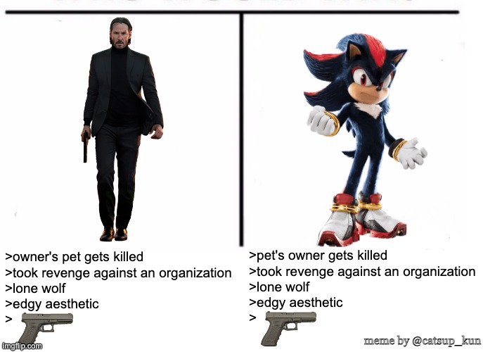 This is why Keanu Reeves is perfect for Shadow's VA | >pet's owner gets killed
>took revenge against an organization
>lone wolf
>edgy aesthetic
>; >owner's pet gets killed
>took revenge against an organization
>lone wolf
>edgy aesthetic
>; meme by @catsup_kun | image tagged in comparison table | made w/ Imgflip meme maker