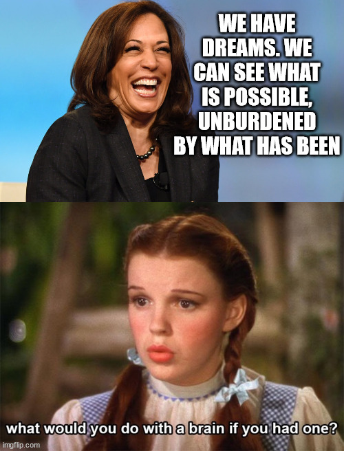 WE HAVE DREAMS. WE CAN SEE WHAT IS POSSIBLE, UNBURDENED BY WHAT HAS BEEN | image tagged in kamala harris laughing | made w/ Imgflip meme maker