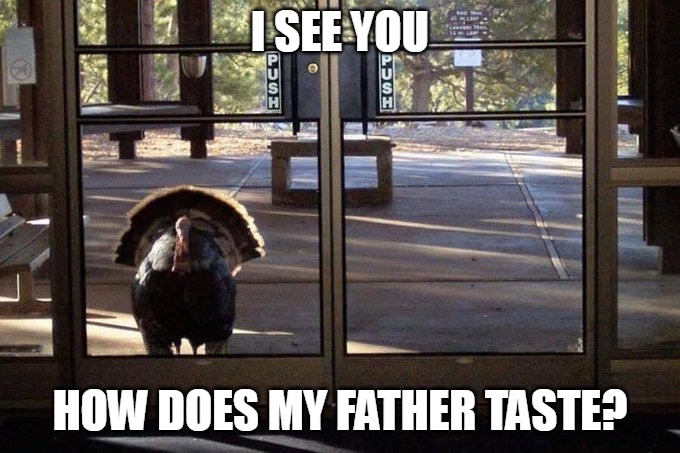 turkey revenge | I SEE YOU; HOW DOES MY FATHER TASTE? | image tagged in turkey revenge,eating,turkey,he gon get u | made w/ Imgflip meme maker