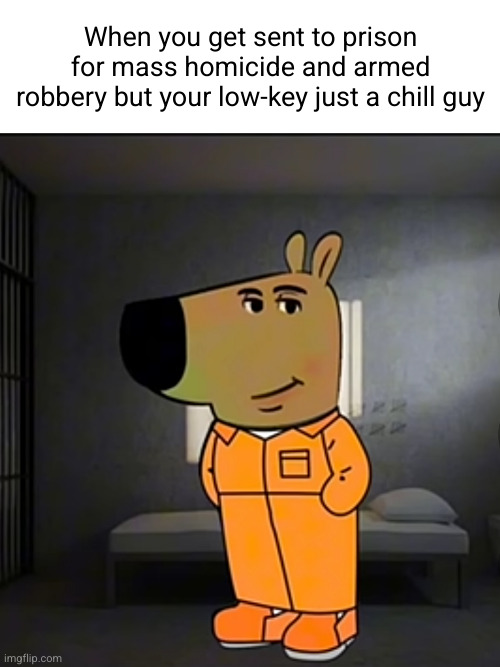 I'ma chill guy | When you get sent to prison for mass homicide and armed robbery but your low-key just a chill guy | image tagged in chill guy,memes,prison,murder,robbery,so true | made w/ Imgflip meme maker