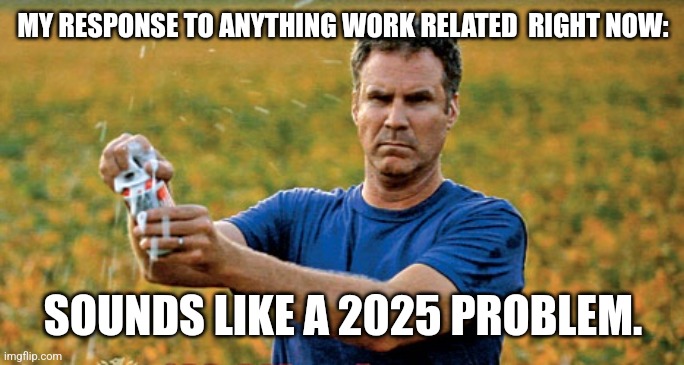 Will Ferrell Beer Meme | MY RESPONSE TO ANYTHING WORK RELATED  RIGHT NOW:; SOUNDS LIKE A 2025 PROBLEM. | image tagged in will ferrell beer meme | made w/ Imgflip meme maker