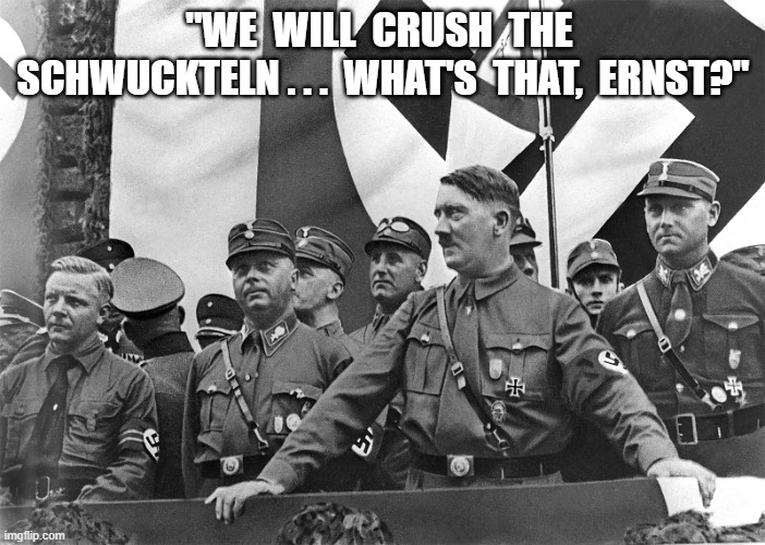 Flaming! | "WE  WILL  CRUSH  THE  SCHWUCKTELN . . .  WHAT'S  THAT,  ERNST?" | image tagged in adolf hitler | made w/ Imgflip meme maker
