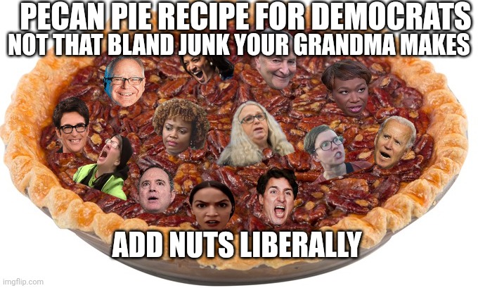 For the Harris supporters dining alone this Thanksgiving (it will get those covid taste buds working again!) | PECAN PIE RECIPE FOR DEMOCRATS; NOT THAT BLAND JUNK YOUR GRANDMA MAKES; ADD NUTS LIBERALLY | image tagged in pecan pie,grandma,thanksgiving,democrat,loser,uncle sam i want you to mask n95 covid coronavirus | made w/ Imgflip meme maker