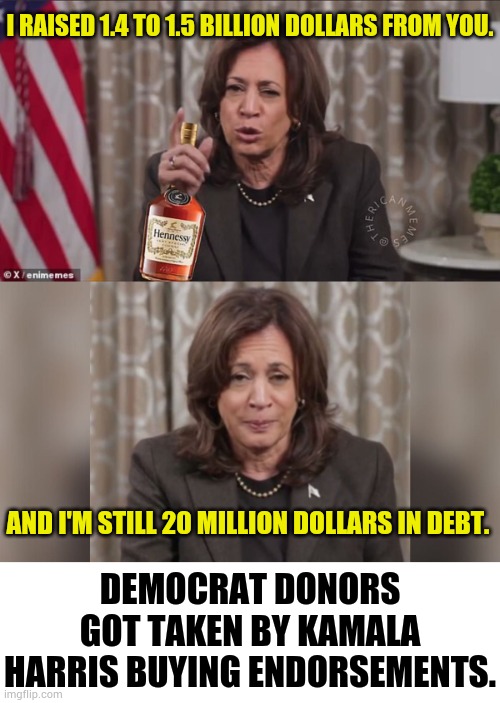 Democrat Donors Got Taken | I RAISED 1.4 TO 1.5 BILLION DOLLARS FROM YOU. AND I'M STILL 20 MILLION DOLLARS IN DEBT. DEMOCRAT DONORS GOT TAKEN BY KAMALA HARRIS BUYING ENDORSEMENTS. | image tagged in memes,politics,kamala harris,donations,buy,praise | made w/ Imgflip meme maker