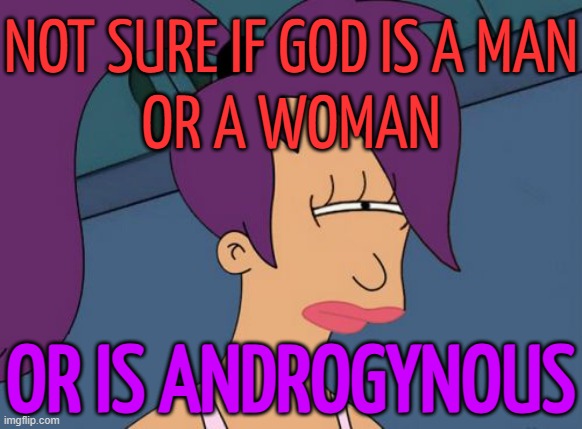 God Is Androgynous | NOT SURE IF GOD IS A MAN
OR A WOMAN; OR IS ANDROGYNOUS | image tagged in memes,futurama leela,god,god religion universe,religion,anti-religion | made w/ Imgflip meme maker