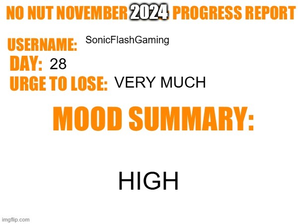 No Nut November 2023 Progress Report | 2024; SonicFlashGaming; 28; VERY MUCH; HIGH | image tagged in no nut november 2023 progress report | made w/ Imgflip meme maker