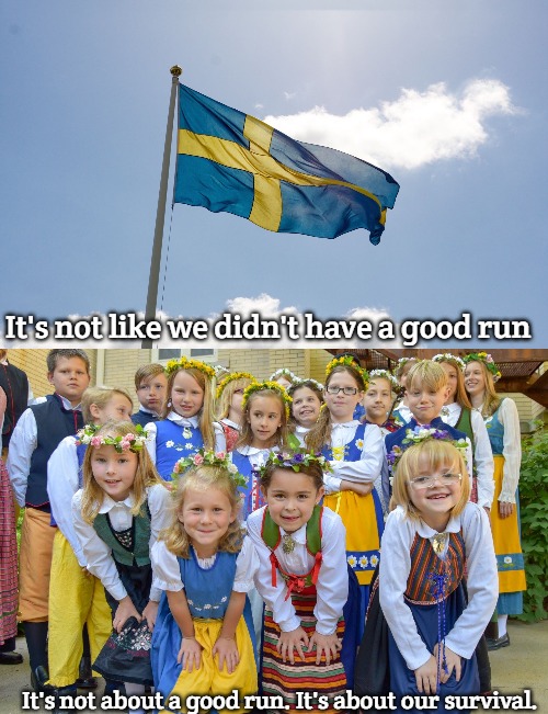 It's not like we didn't have a good run; It's not about a good run. It's about our survival. | image tagged in sweden flag swedish svensk flagga,sweden | made w/ Imgflip meme maker