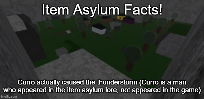 Item Asylum Facts 1 | Item Asylum Facts! Curro actually caused the thunderstorm (Curro is a man who appeared in the item asylum lore, not appeared in the game) | image tagged in item asylum,funny,memes,thunderstorm,lore,facts | made w/ Imgflip meme maker