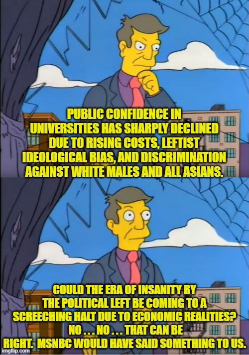 Bottom line . . . universities are starting to lose money. | PUBLIC CONFIDENCE IN UNIVERSITIES HAS SHARPLY DECLINED DUE TO RISING COSTS, LEFTIST IDEOLOGICAL BIAS, AND DISCRIMINATION AGAINST WHITE MALES AND ALL ASIANS. COULD THE ERA OF INSANITY BY THE POLITICAL LEFT BE COMING TO A SCREECHING HALT DUE TO ECONOMIC REALITIES?  NO . . . NO . . . THAT CAN BE RIGHT.  MSNBC WOULD HAVE SAID SOMETHING TO US. | image tagged in skinner out of touch | made w/ Imgflip meme maker