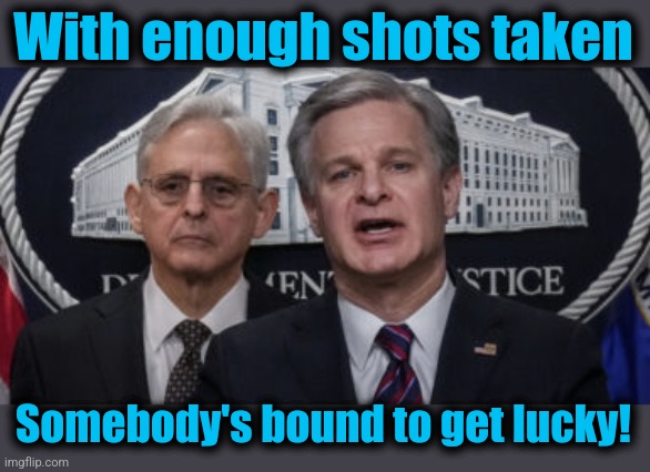 MERRICK GARLAND AND CHRISTOPHER WRAY | With enough shots taken Somebody's bound to get lucky! | image tagged in merrick garland and christopher wray | made w/ Imgflip meme maker