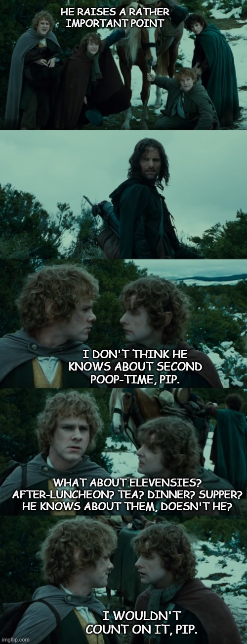 Lotr second breakfast | HE RAISES A RATHER
IMPORTANT POINT I WOULDN'T COUNT ON IT, PIP. I DON'T THINK HE
KNOWS ABOUT SECOND
POOP-TIME, PIP. WHAT ABOUT ELEVENSIES? A | image tagged in lotr second breakfast | made w/ Imgflip meme maker