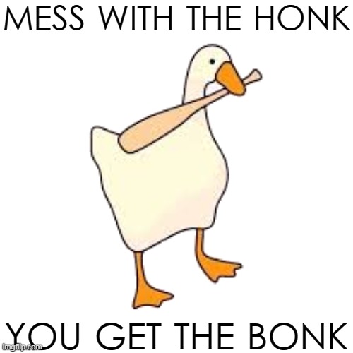 Mess with the honk you get the bonk | MESS WITH THE HONK; YOU GET THE BONK | image tagged in duck,bonk,goose | made w/ Imgflip meme maker