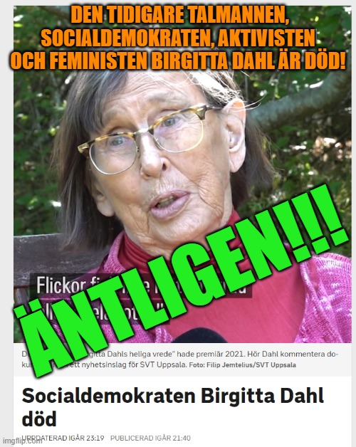 Socialdemokraten Birgitta Dahl död Uppdaterad igår 23:19Publicer Blank Meme Template