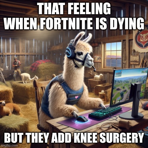 Fortnite | THAT FEELING WHEN FORTNITE IS DYING; BUT THEY ADD KNEE SURGERY | image tagged in cannon fortnite llama | made w/ Imgflip meme maker