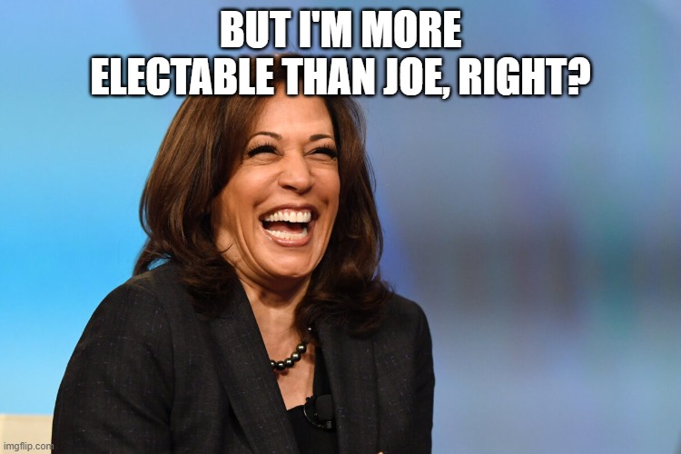 Kamala Harris laughing | BUT I'M MORE ELECTABLE THAN JOE, RIGHT? | image tagged in kamala harris laughing | made w/ Imgflip meme maker