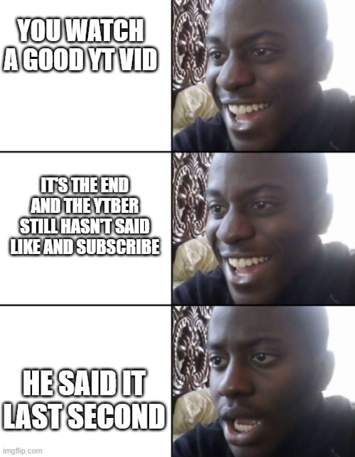 YOU WATCH A GOOD YT VID; IT'S THE END AND THE YTBER STILL HASN'T SAID LIKE AND SUBSCRIBE; HE SAID IT LAST SECOND | made w/ Imgflip meme maker