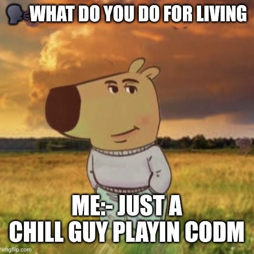 Chill guy | 🗣WHAT DO YOU DO FOR LIVING; ME:- JUST A CHILL GUY PLAYIN CODM | image tagged in chill guy | made w/ Imgflip meme maker