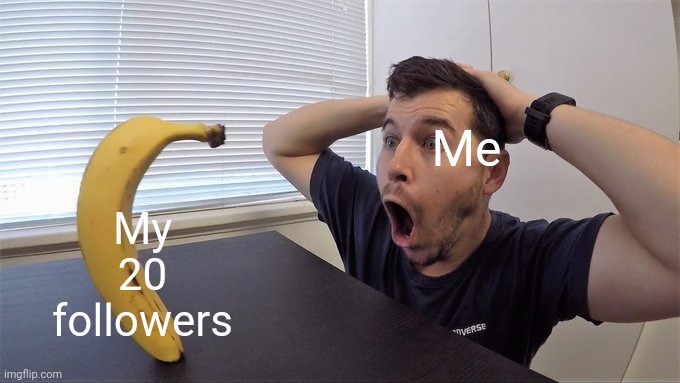 WOOOO YEAH!!!! | My 20 followers; Me | image tagged in man shocked at banana original | made w/ Imgflip meme maker