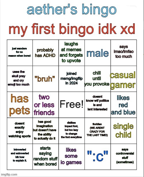 cool bingo (i think) | image tagged in aether's bingo | made w/ Imgflip meme maker