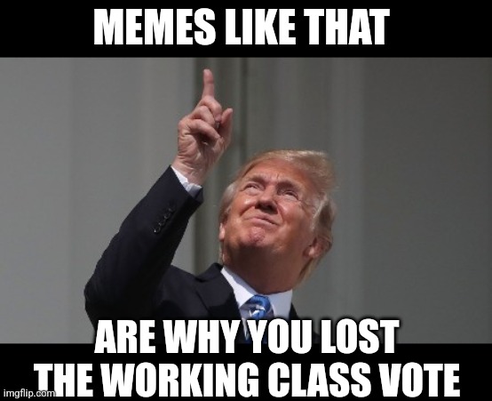 Trump Pointing Up | MEMES LIKE THAT ARE WHY YOU LOST THE WORKING CLASS VOTE | image tagged in trump pointing up | made w/ Imgflip meme maker