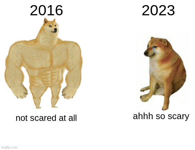 2016 youtubers vs 2023 youtubers | 2016; 2023; not scared at all; ahhh so scary | image tagged in memes,buff doge vs cheems | made w/ Imgflip meme maker