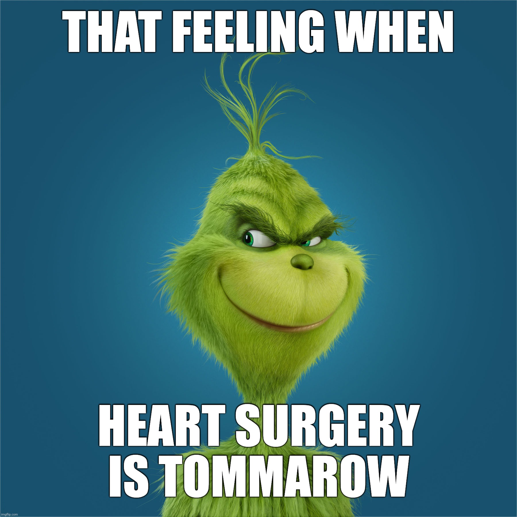 Navidad-Grinch | THAT FEELING WHEN HEART SURGERY IS TOMMAROW | image tagged in navidad-grinch | made w/ Imgflip meme maker