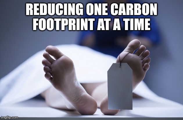 Toe Tag | REDUCING ONE CARBON FOOTPRINT AT A TIME | image tagged in toe tag | made w/ Imgflip meme maker