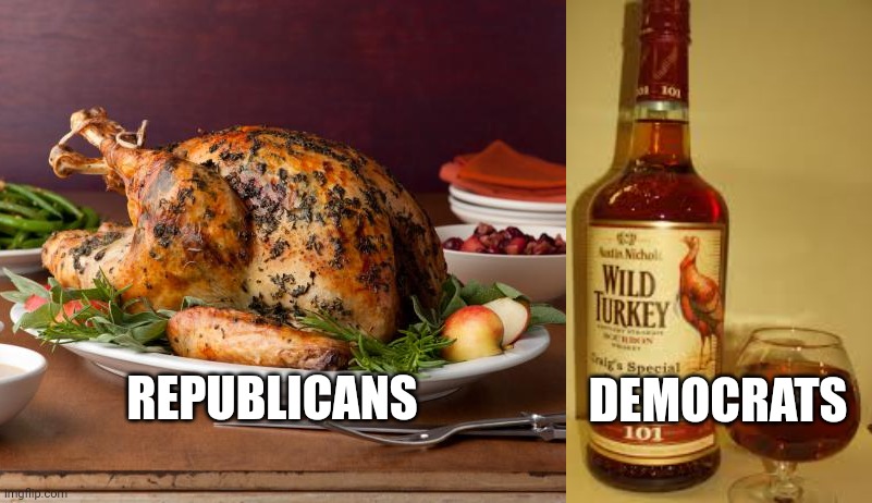 Celebrating Turkey Day | DEMOCRATS; REPUBLICANS | image tagged in thanksgiving turkey,wild turkey 101,happy holidays,turkey,football,normalcy | made w/ Imgflip meme maker